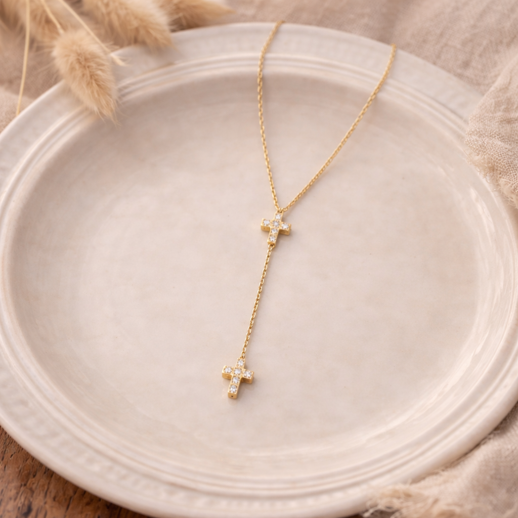 Collier croix en Y avec strass en acier inoxydable