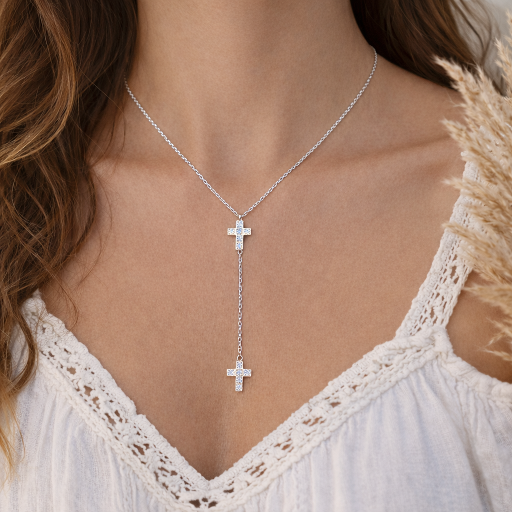 Collier croix en Y avec strass en acier inoxydable