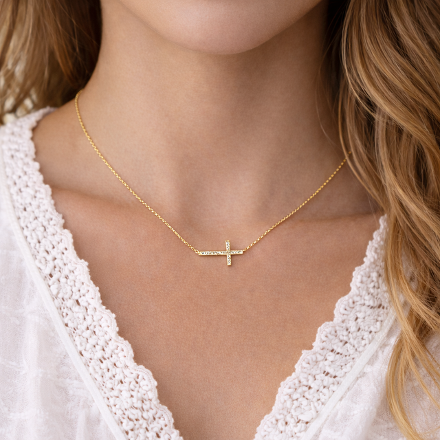 Collier croix horizontale strass ras de cou or acier inoxydable