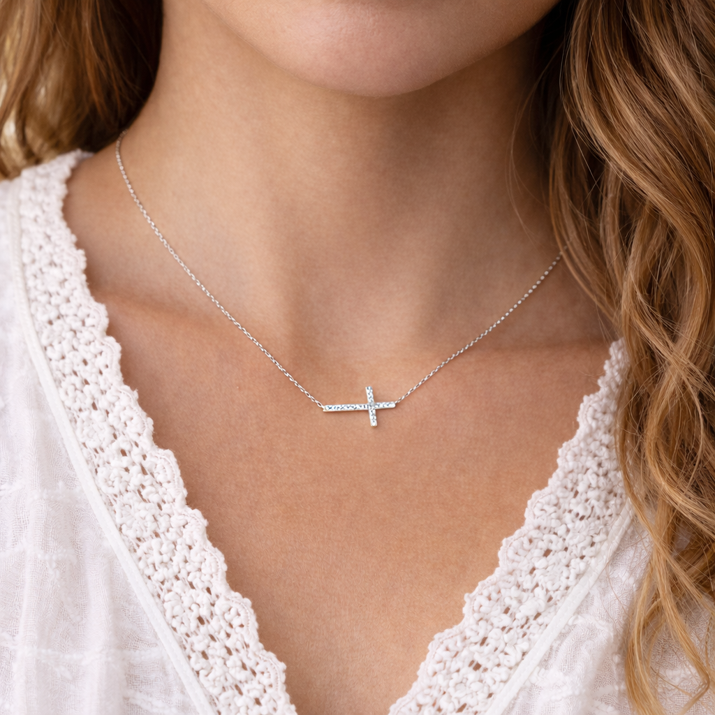 Collier croix horizontale strass ras de cou or acier inoxydable