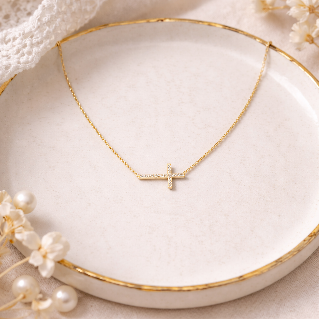 Collier croix horizontale strass ras de cou or acier inoxydable