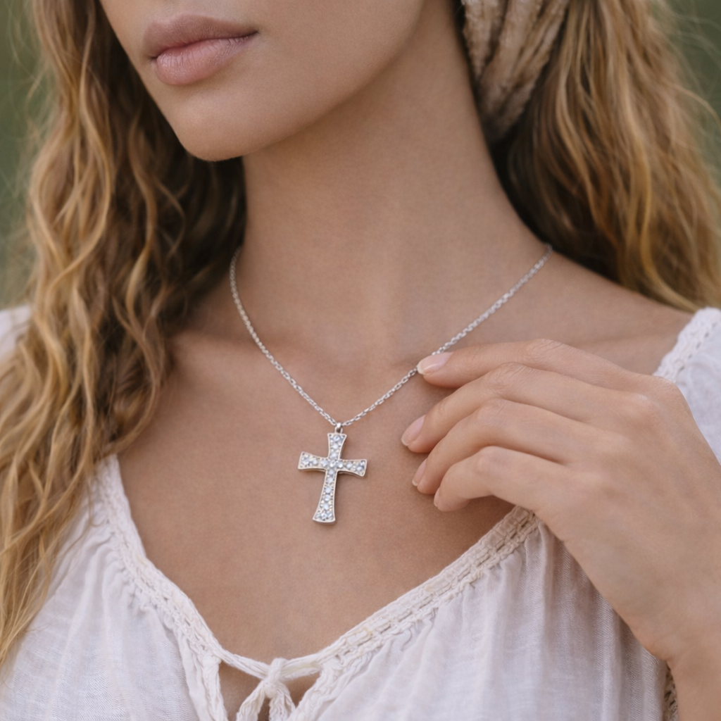 Collier croix sertie de strass en acier inoxydable