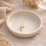 Collier double croix doré avec strass en acier inoxydable