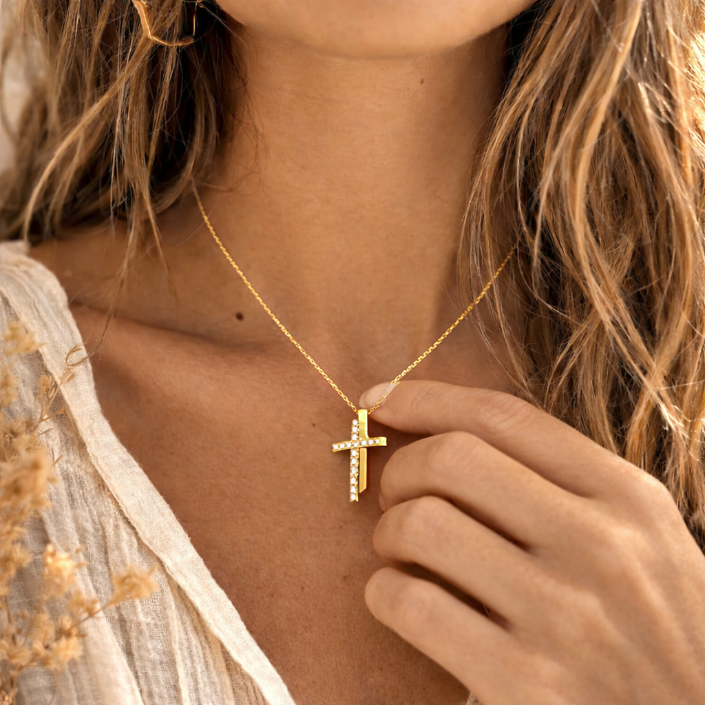 Collier double croix doré avec strass en acier inoxydable