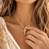 Collier double croix doré avec strass en acier inoxydable