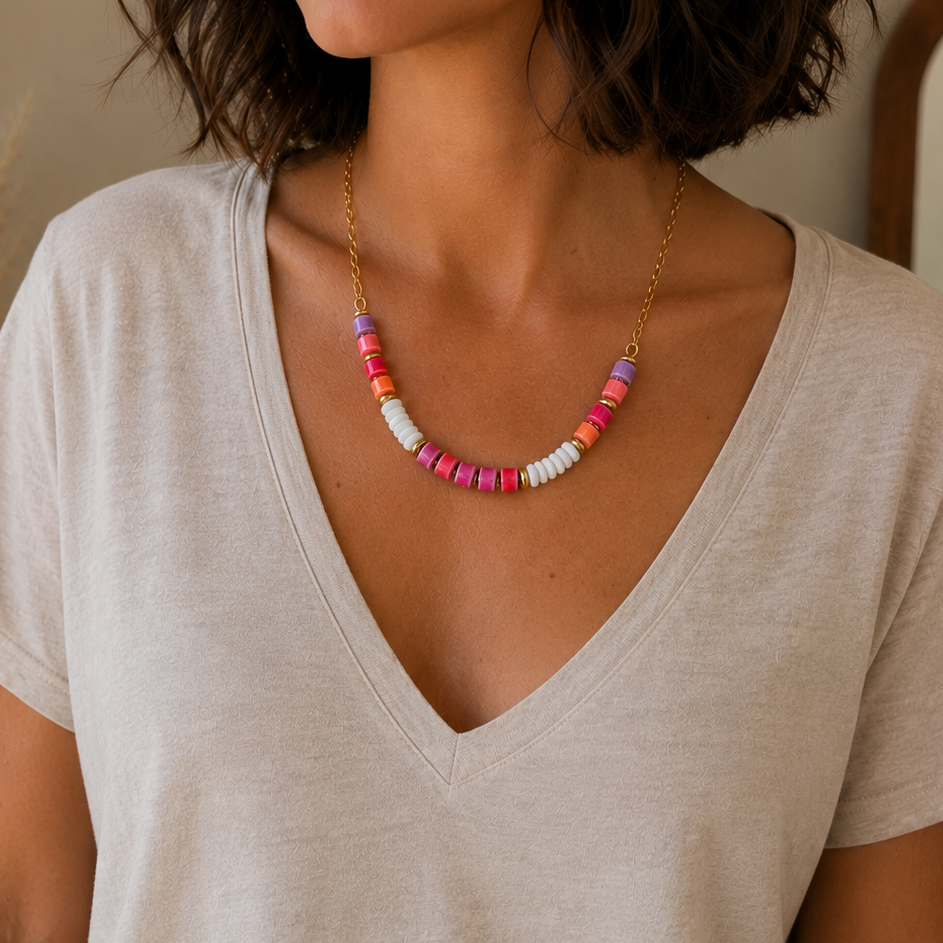Collier en maille avec perles coquillages et céramiques en acier inoxydable