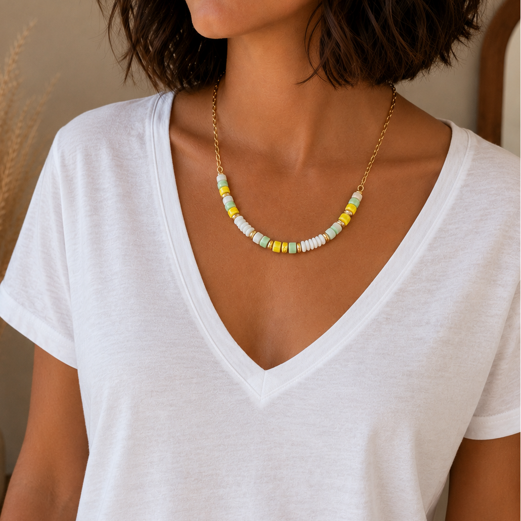 Collier en maille avec perles coquillages et céramiques en acier inoxydable