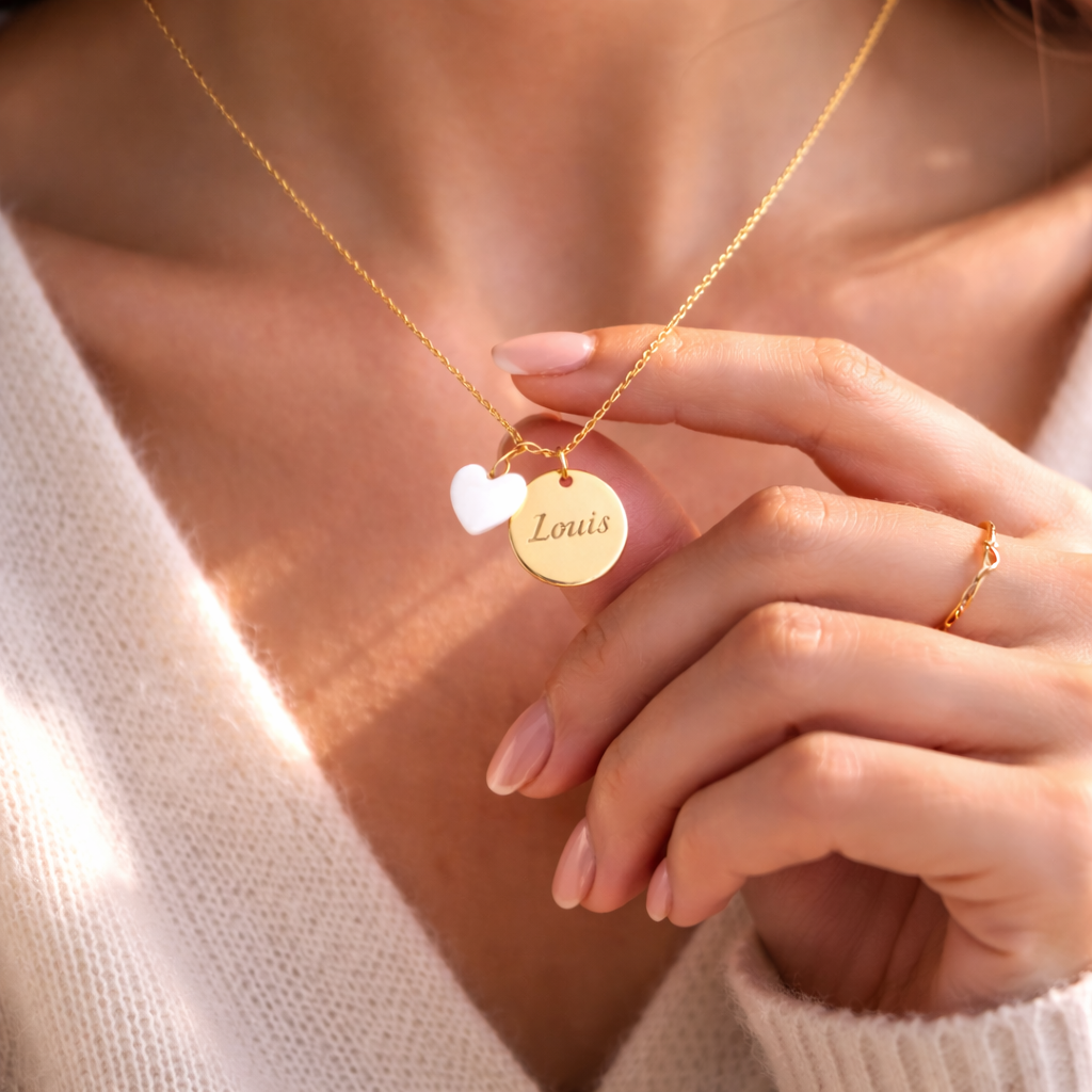 Collier personnalisé médaille gravée coeur nacre