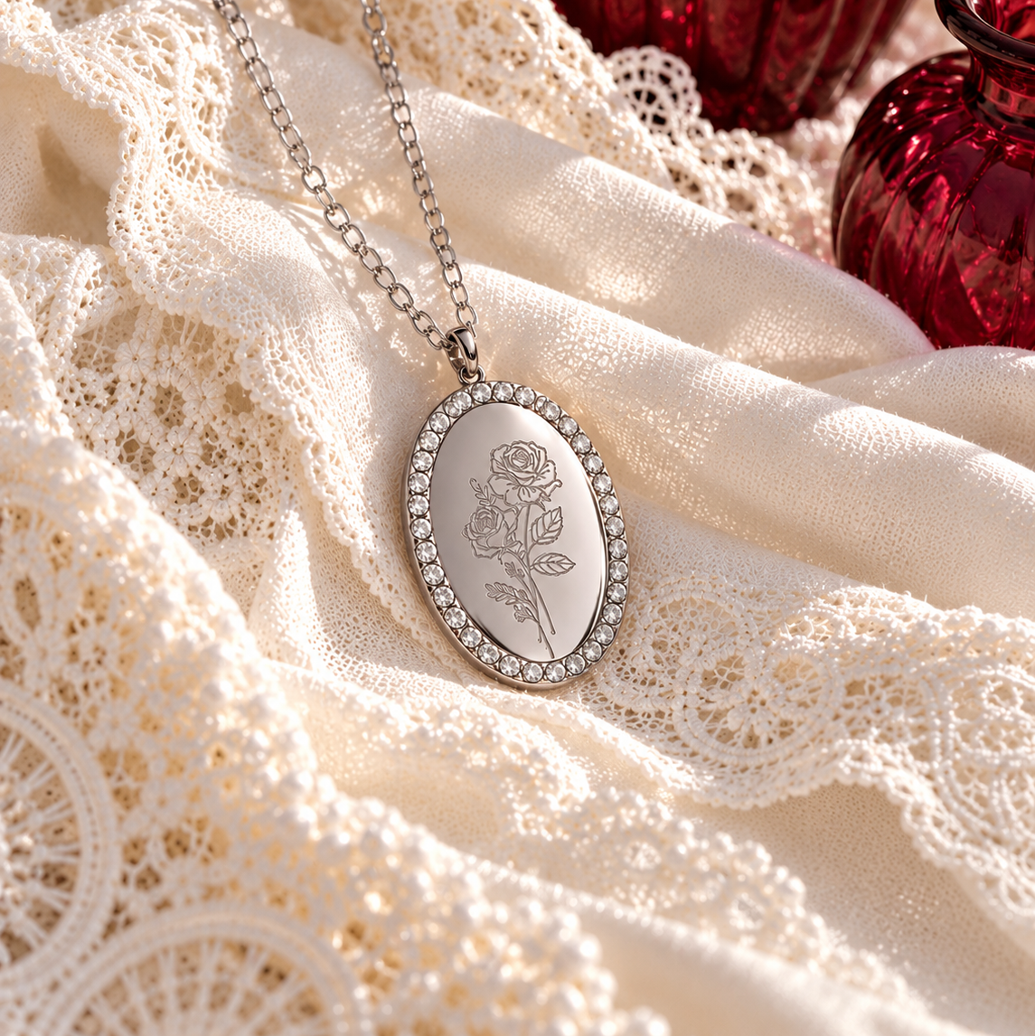 Collier personnalisé médaille gravée ovale strass