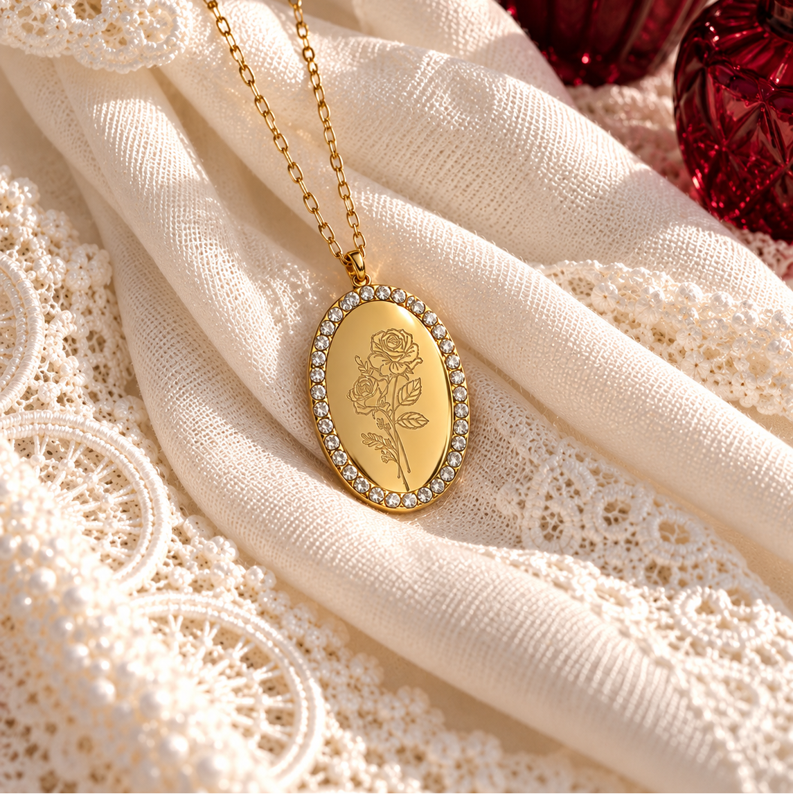 Collier personnalisé médaille gravée ovale strass