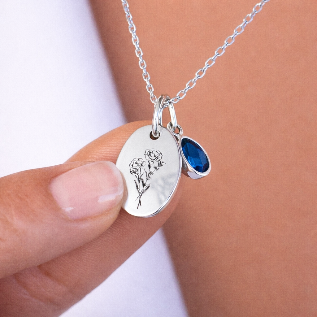 Collier personnalisé médaille ovale gravée pierre de naissance 2