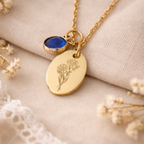 Collier personnalisé médaille ovale gravée pierre de naissance 2
