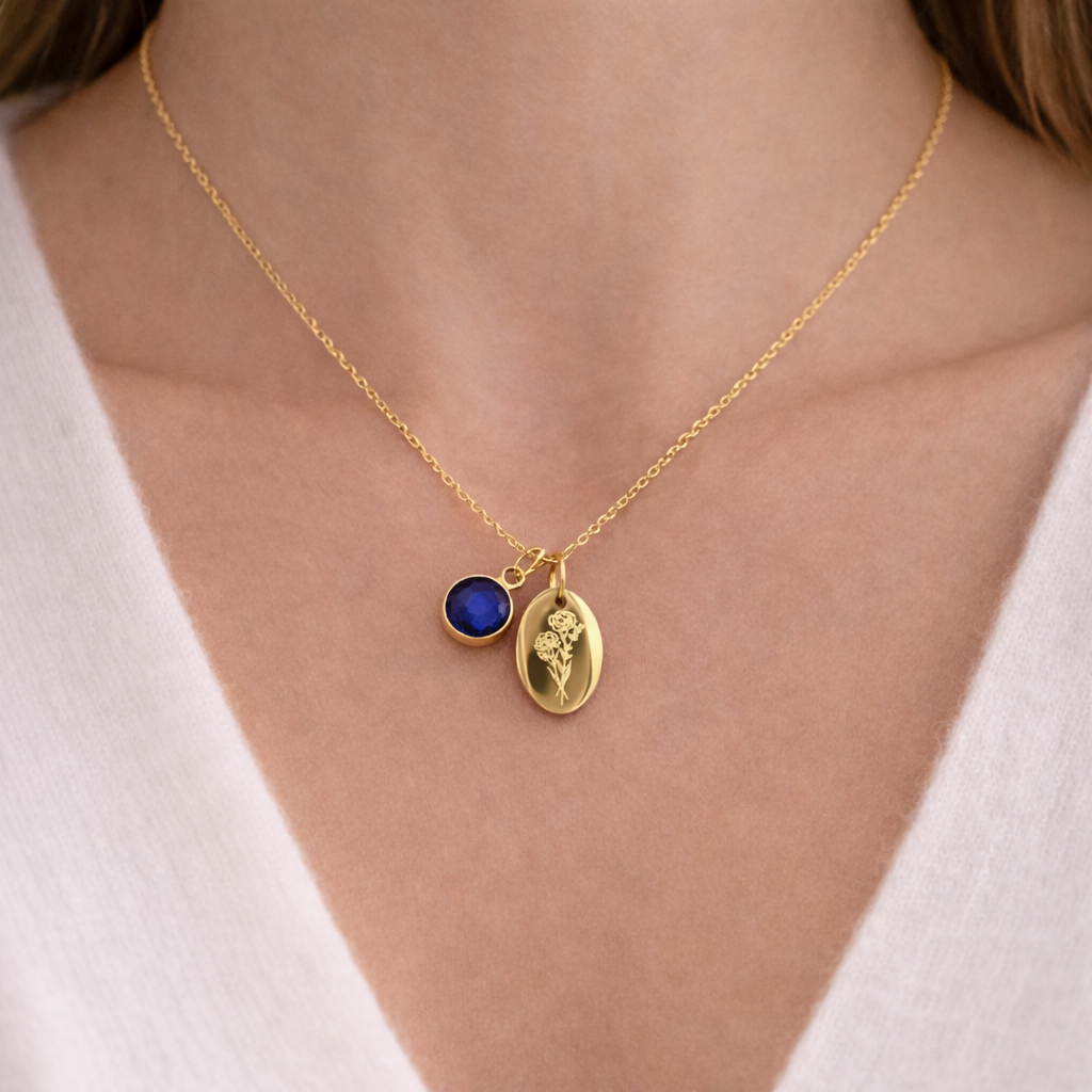 Collier personnalisé médaille ovale gravée pierre de naissance 2