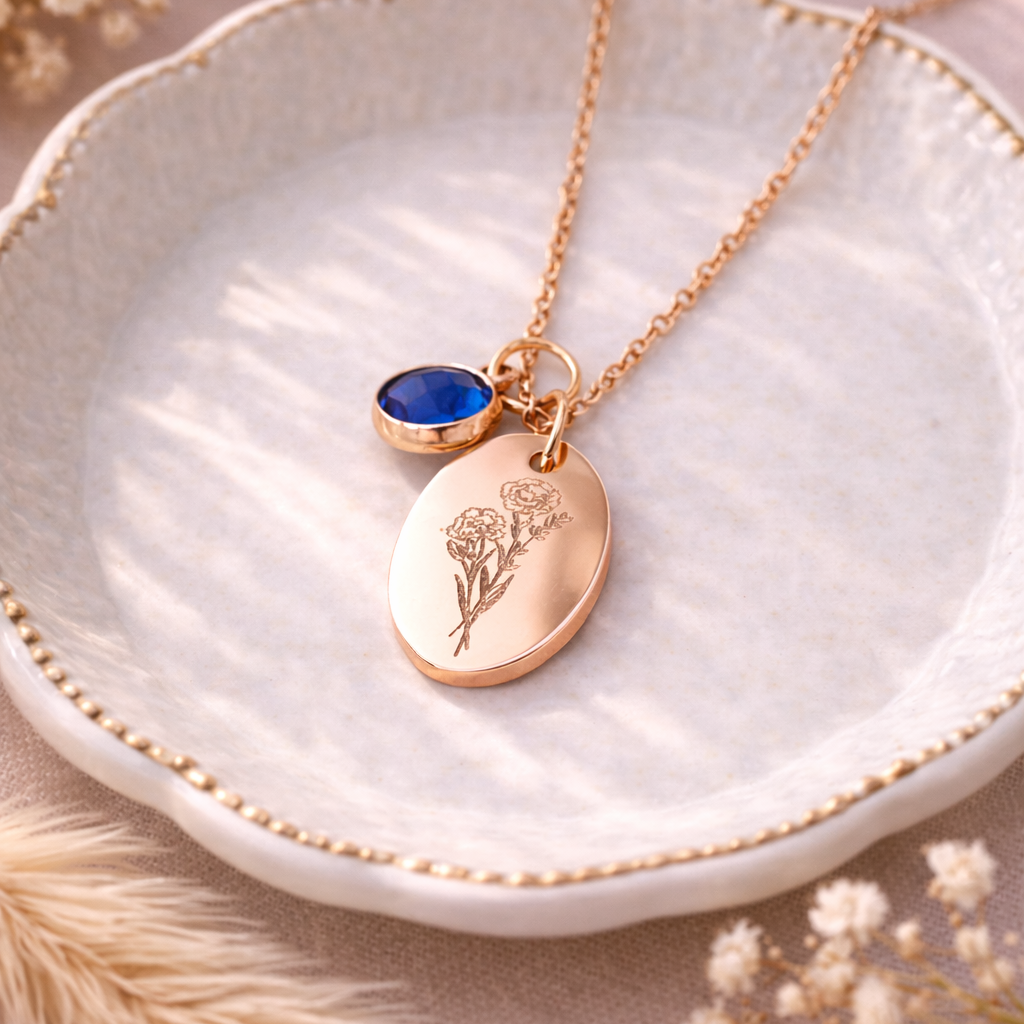 Collier personnalisé médaille ovale gravée pierre de naissance 2