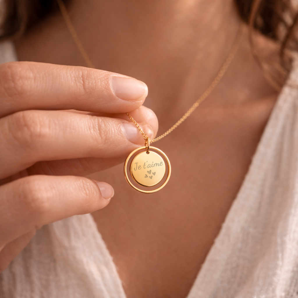 Collier personnalisé médaille ronde gravée anneau