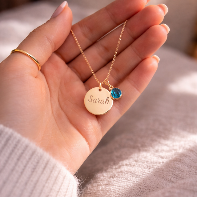 Collier personnalisé médaille ronde gravée pierre de naissance