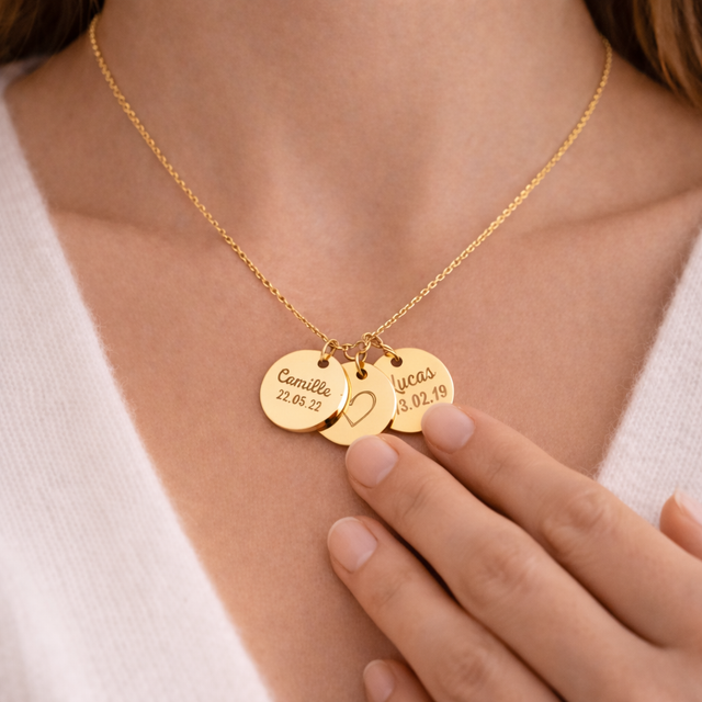 Collier personnalisé médailles rondes gravées