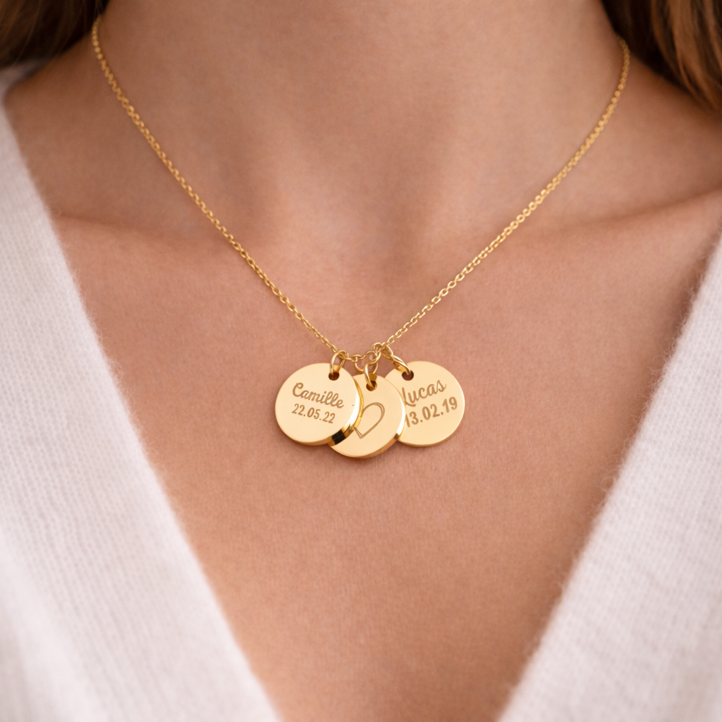 Collier personnalisé médailles rondes gravées