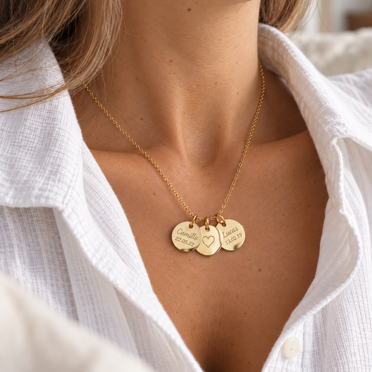 Collier personnalisé médailles rondes gravées