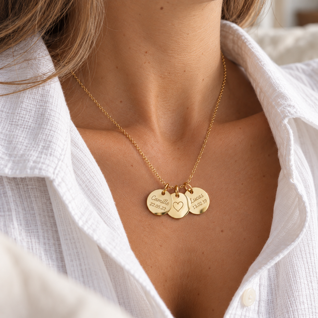 Collier personnalisé médailles rondes gravées