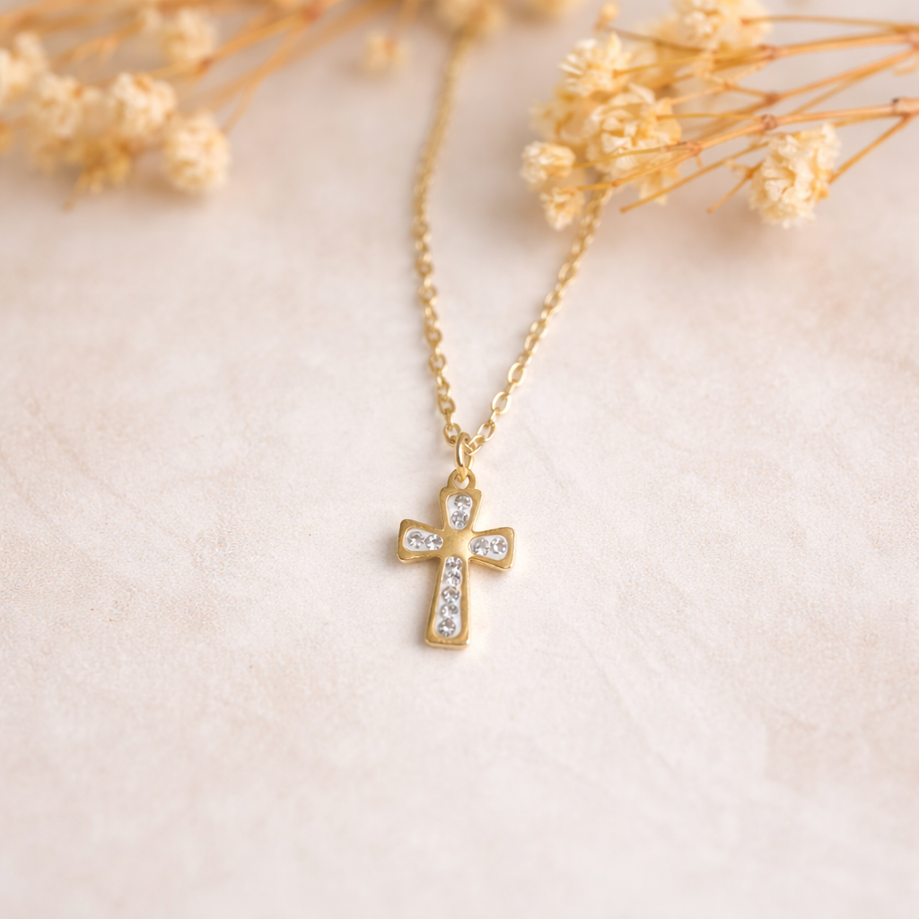 Collier petite croix avec strass en acier inoxydable