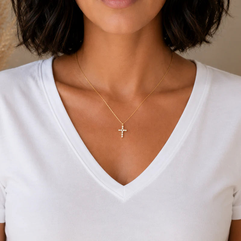 Collier petite croix avec strass en acier inoxydable