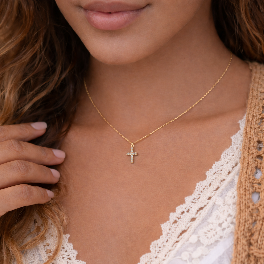 Collier petite croix avec strass en acier inoxydable