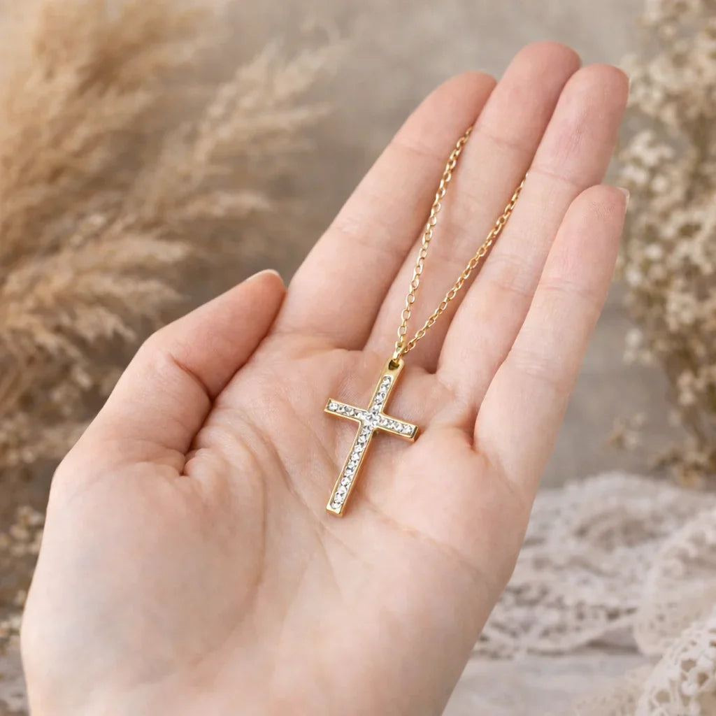 Collier croix chrétienne or strass acier inoxydable femme