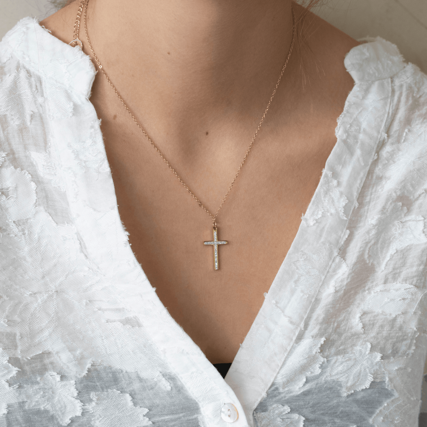 Collier croix chrétienne or strass acier inoxydable femme