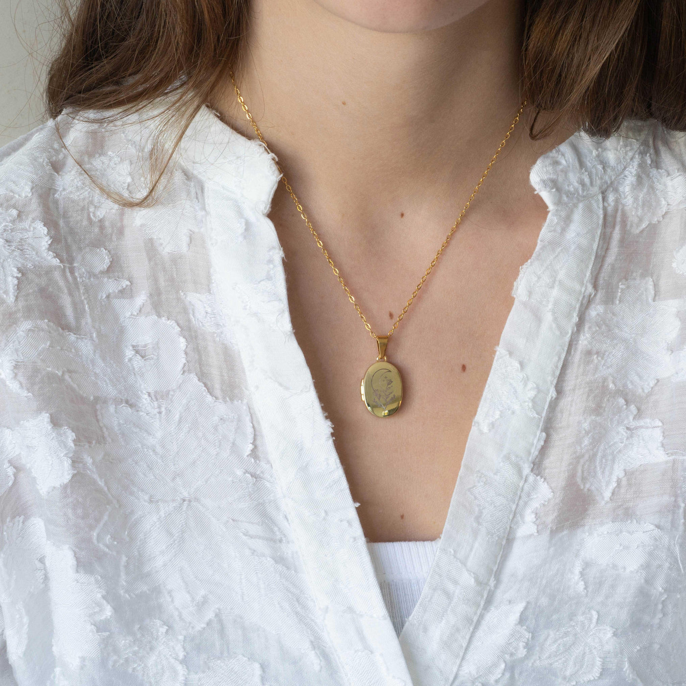 Collier photo or personnalisé médaillon ovale acier inoxydable motif lune