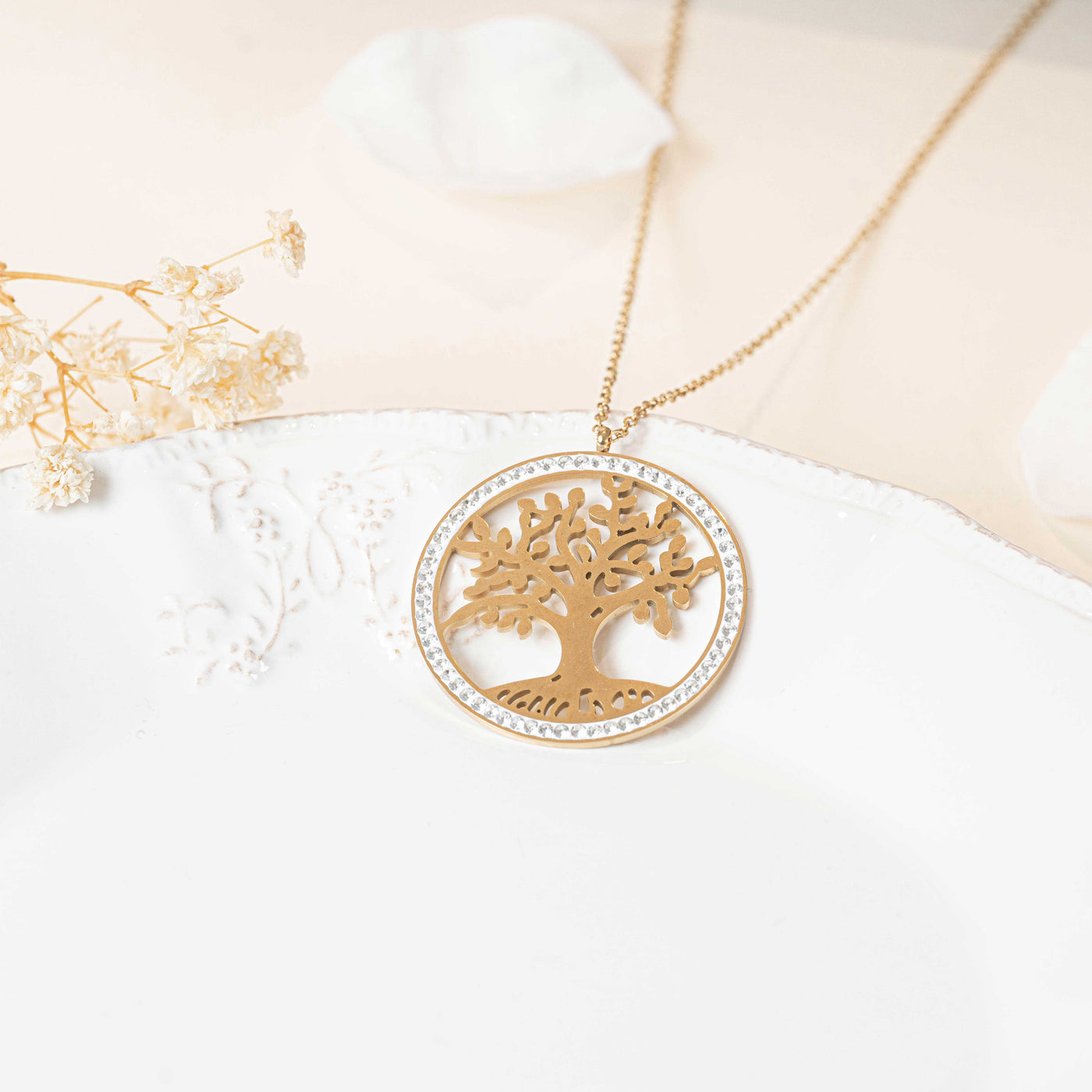 Collier arbre de vie grand pendentif or strass femme acier inoxydable