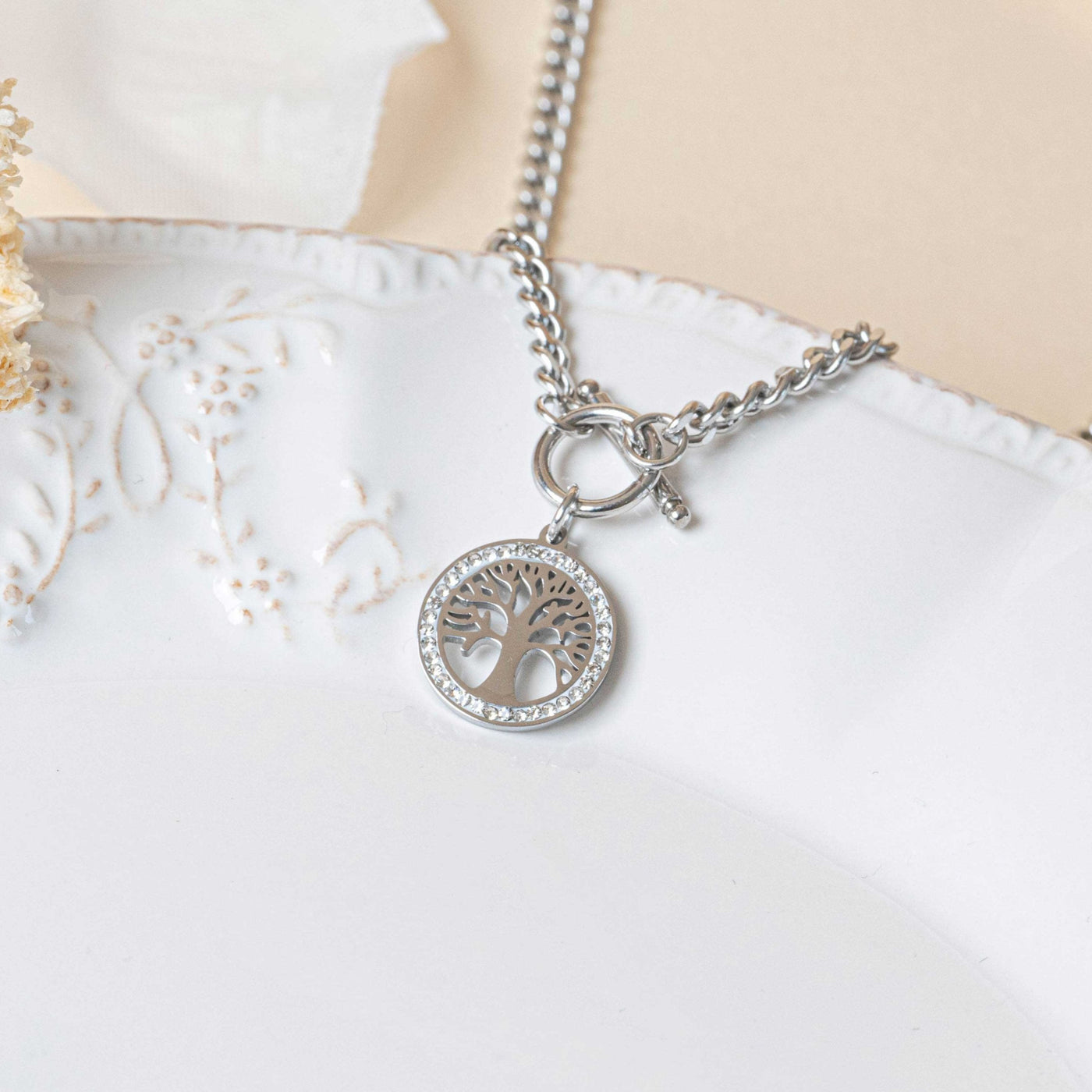 Collier arbre de vie strass personnalisé argent acier inoxydable femme