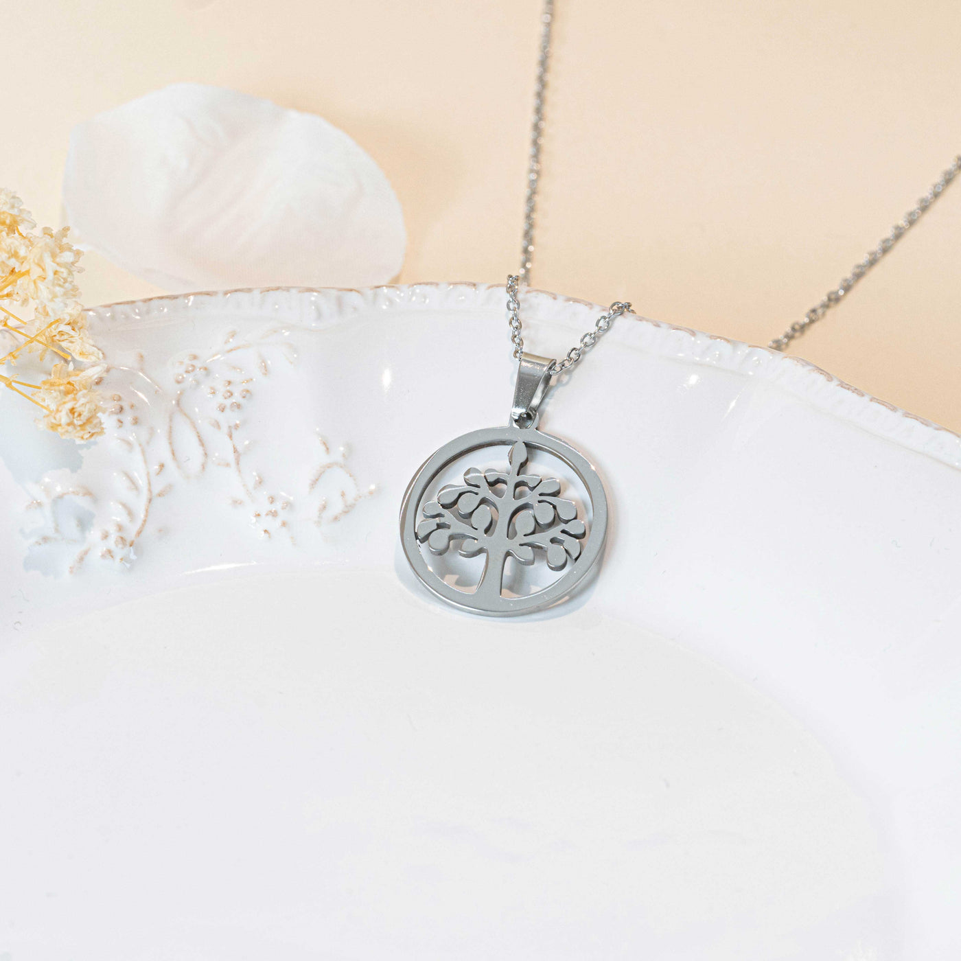 Collier pendentif arbre de vie acier inoxydable argent pour femme