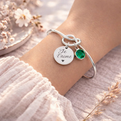 Bracelet jonc gravé personnalisé médaille 15mm pierre de naissance Bracelet jonc gravé personnalisé médaille 15mm pierre de naissance - Argenté | Creabibenval