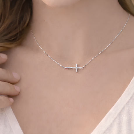 Collier croix horizontale strass ras de cou or acier inoxydable Collier croix horizontale strass ras de cou or acier inoxydable - Argenté | Creabibenval