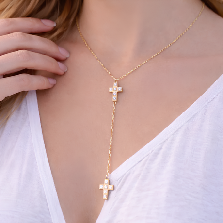 Collier croix en Y avec strass en acier inoxydable Collier croix en Y avec strass en acier inoxydable - Doré | Creabibenval