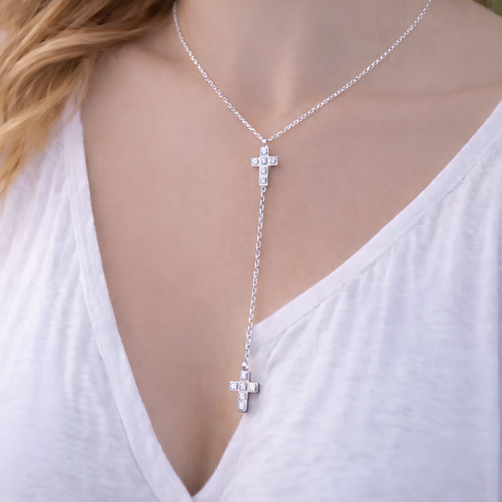 Collier croix en Y avec strass en acier inoxydable Collier croix en Y avec strass en acier inoxydable - Argenté | Creabibenval
