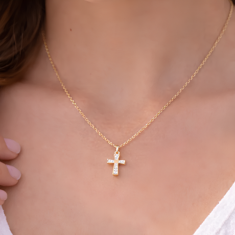 Collier petite croix avec strass en acier inoxydable Collier petite croix avec strass en acier inoxydable - Doré | Creabibenval