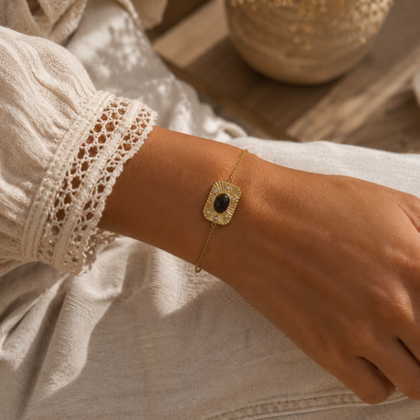 Bracelet  avec médaille rectangulaire pierre naturelle strass en acier inoxydable