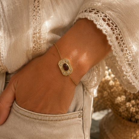 Bracelet  avec médaille rectangulaire pierre naturelle strass en acier inoxydable