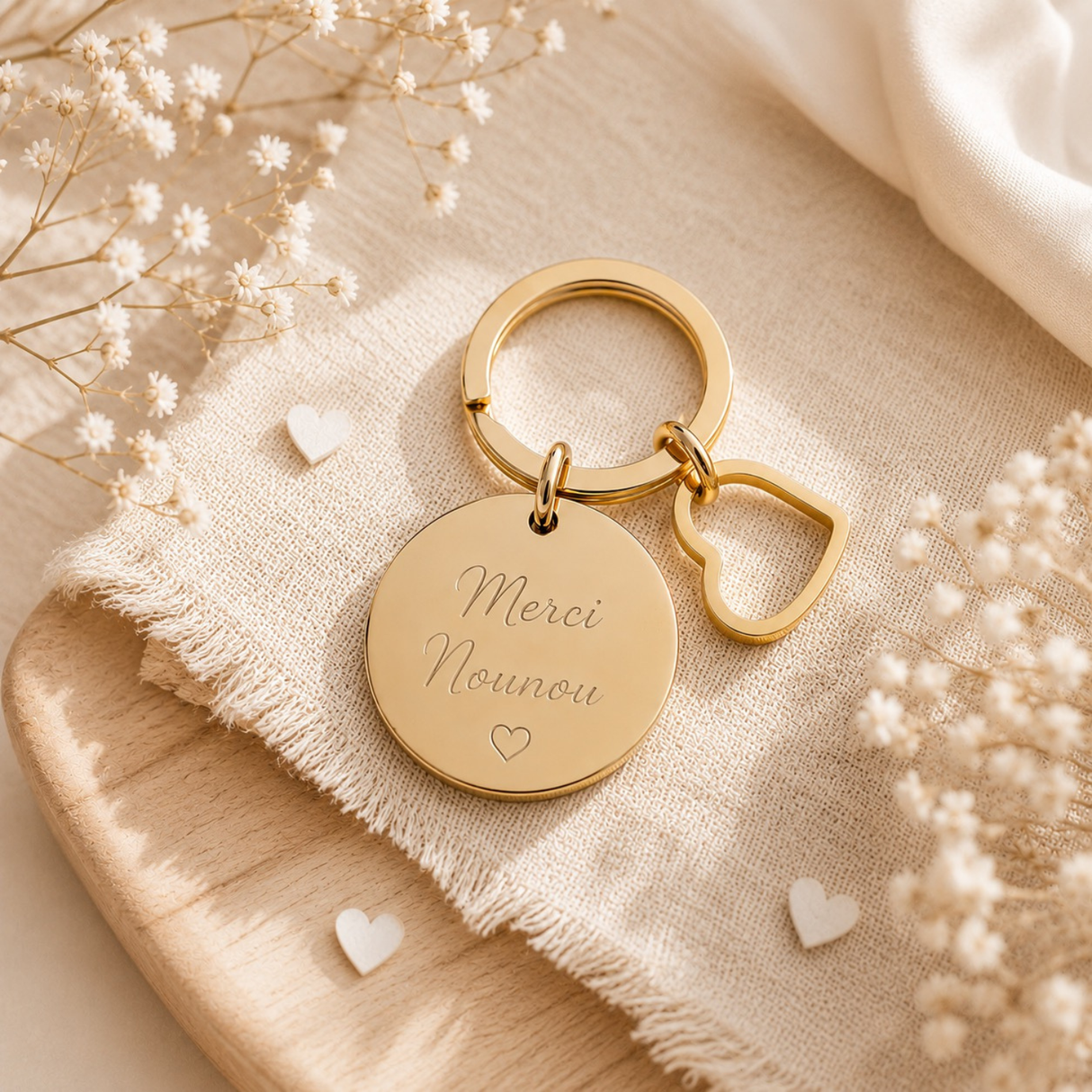 Porte-clés personnalisé médaille gravée coeur en acier inoxydable