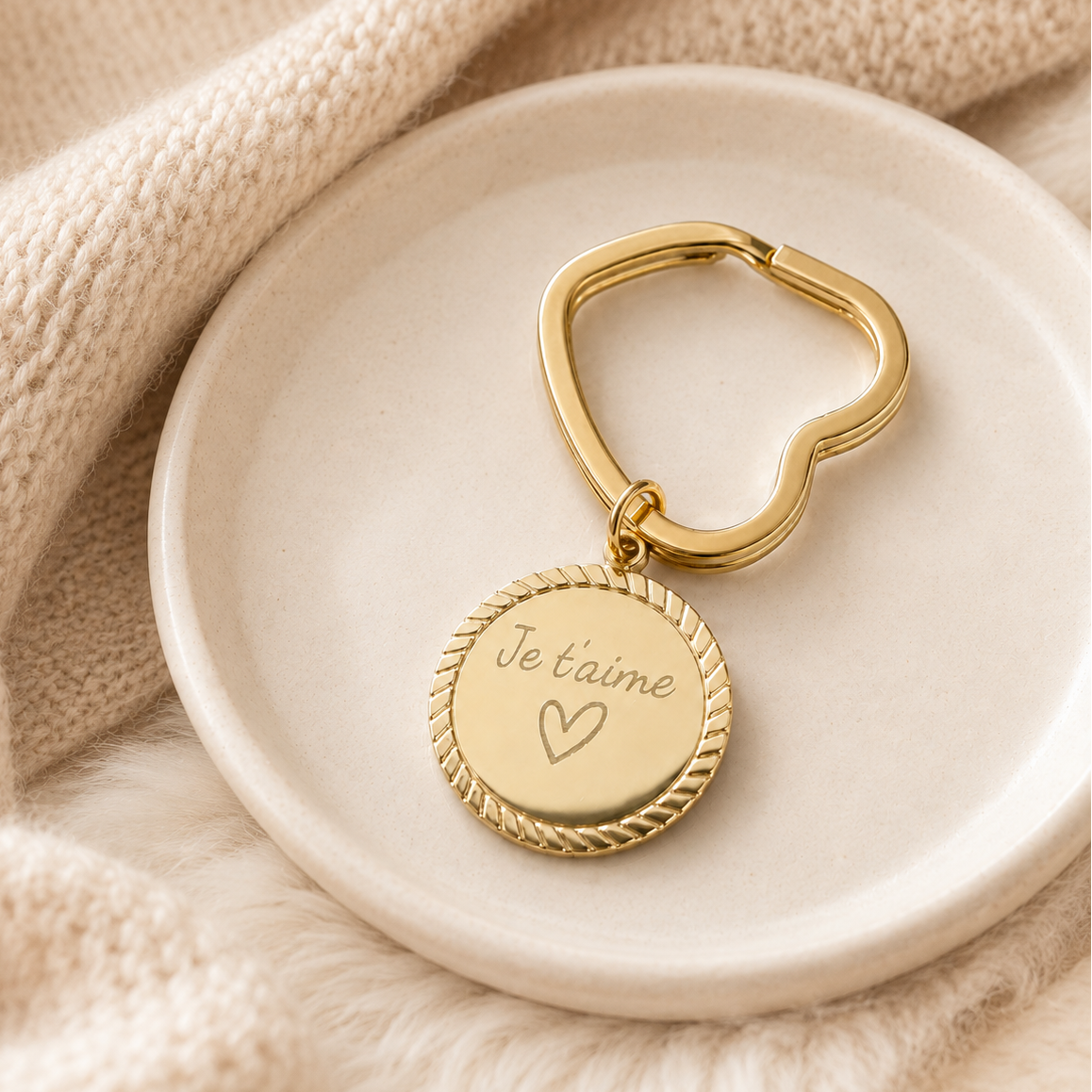 Porte-clés personnalisé médaille à graver coeur en acier inoxydable