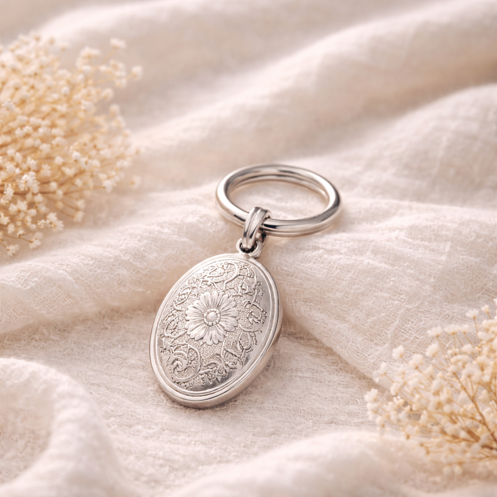 Porte-clés photo personnalisé médaillon ovale motif fleur