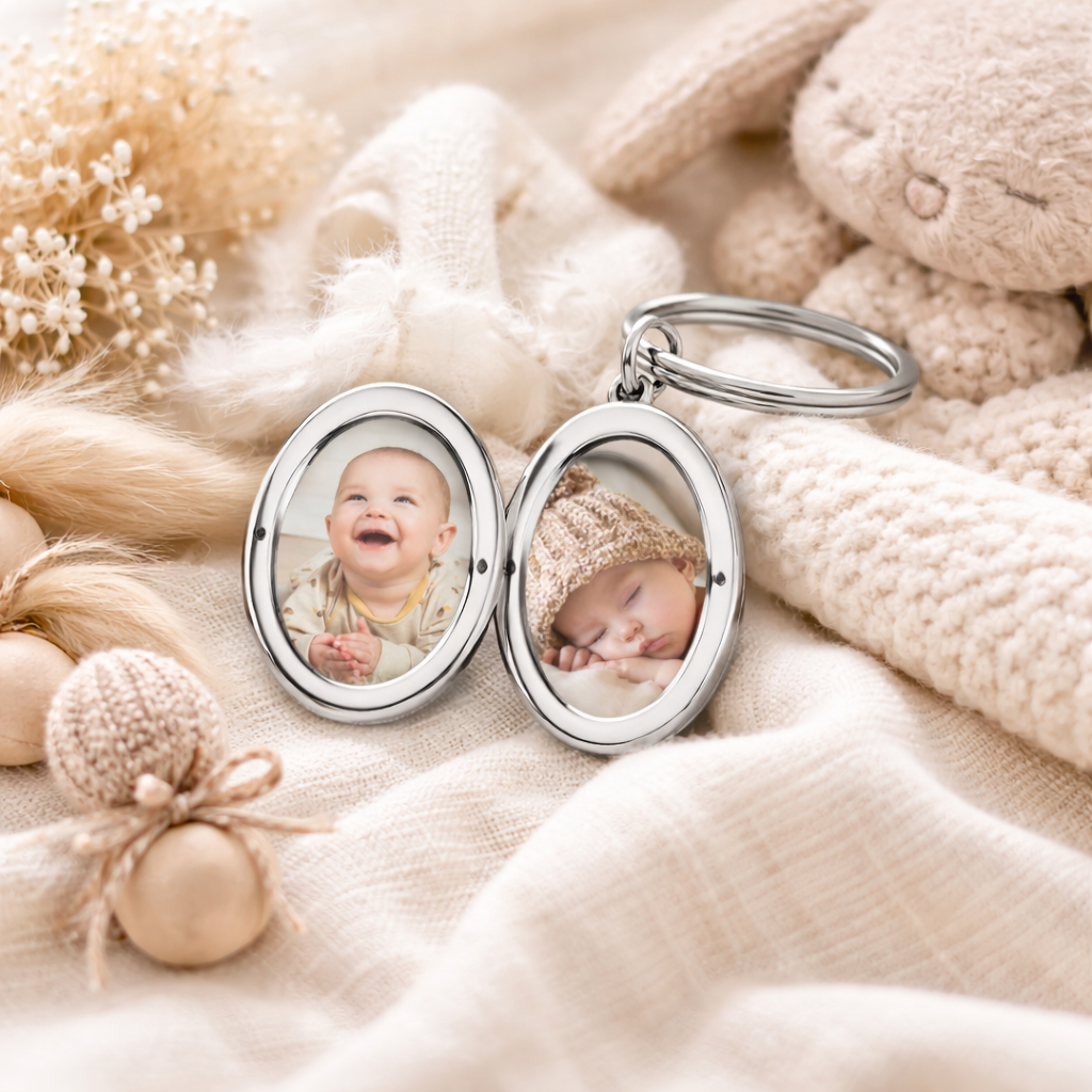 Porte-clés photo personnalisé médaillon ovale motif fleur