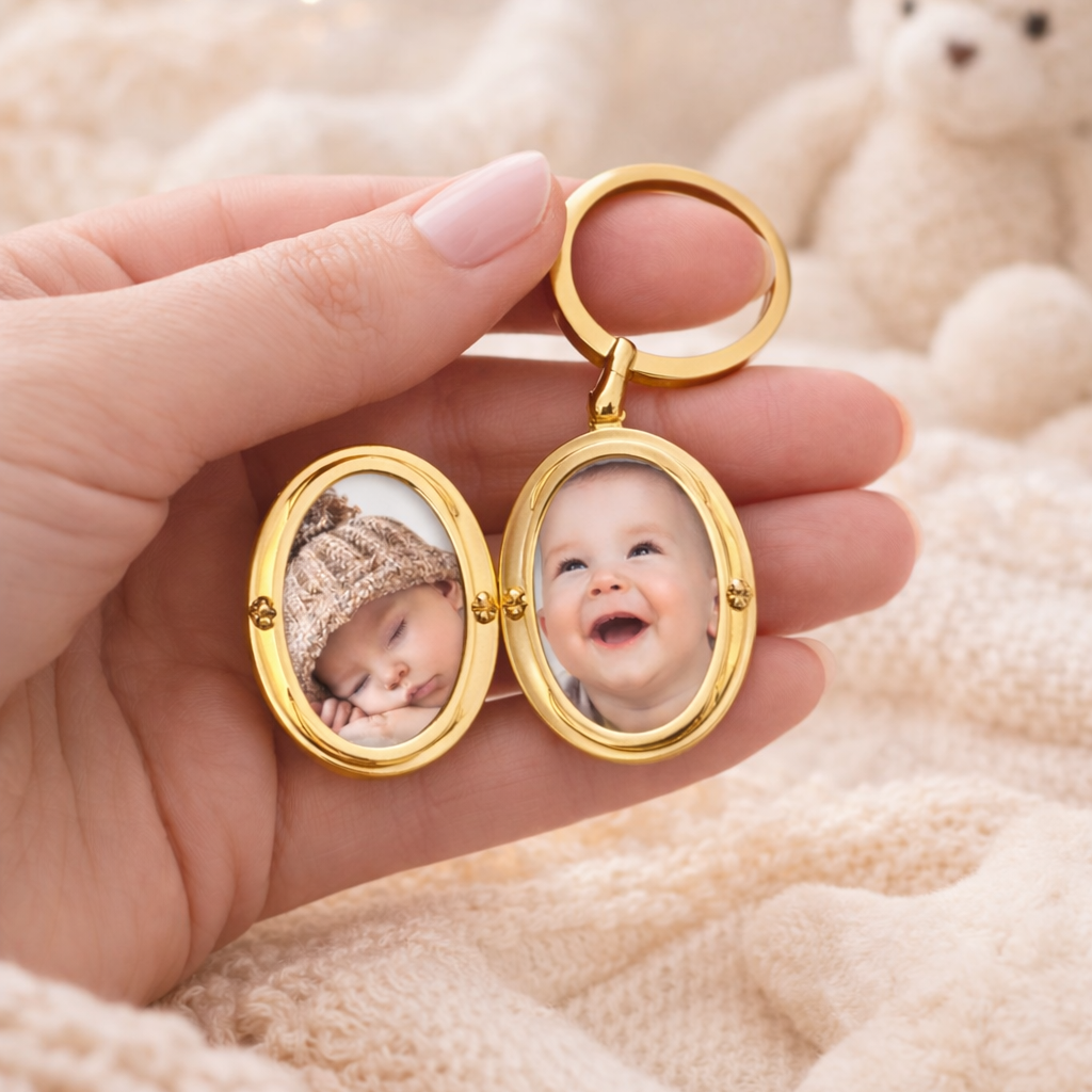 Porte-clés photo personnalisé médaillon ovale motif fleur