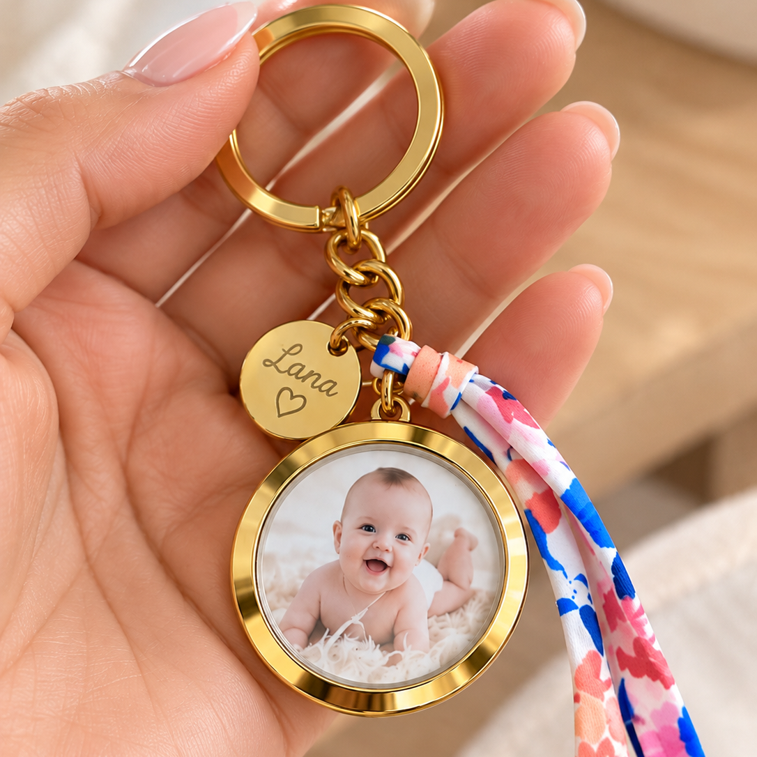 Porte-clés photo personnalisé médaillon rond avec médaille gravée en acier inoxydable cordon liberty