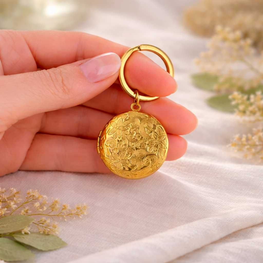 Porte-clés photo personnalisé médaillon rond motif fleur