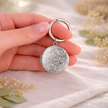 Porte-clés photo personnalisé médaillon rond motif fleur