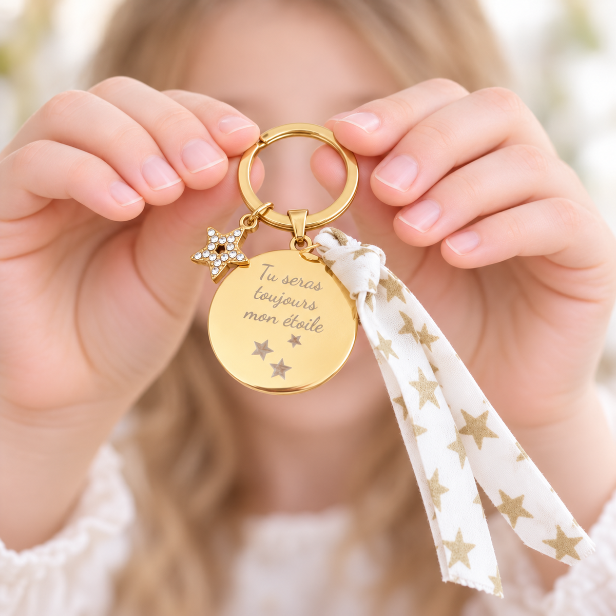 Porte-clés personnalisé médaille gravée cordon liberty étoile strass