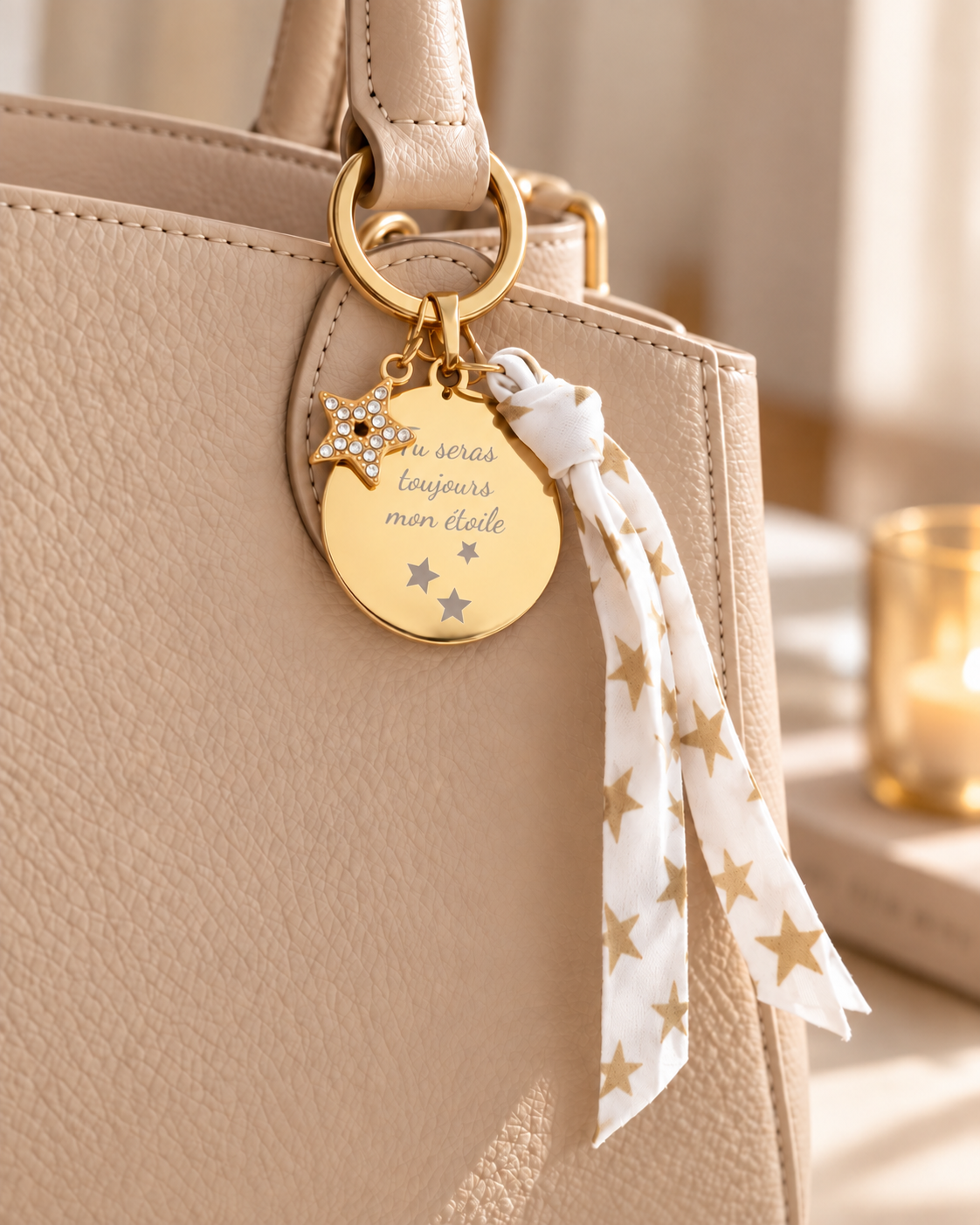 Porte-clés personnalisé médaille gravée cordon liberty étoile strass